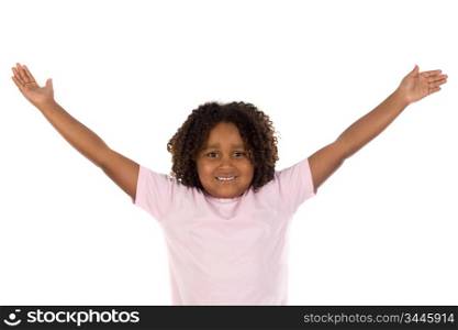 African girl with her arms outstretched a over white background