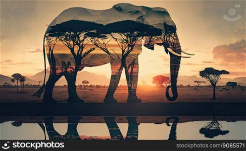 African landscape in silhouette of an elephant. Generative AI