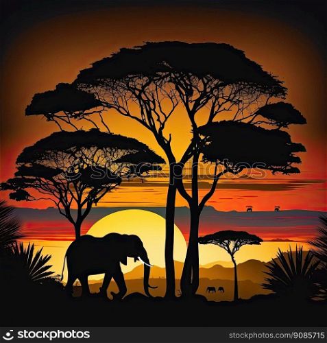 African landscape with the silhouette of an elephant at sunset. Generative AI