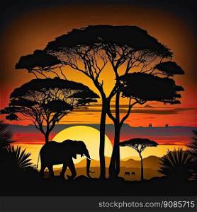 African landscape with the silhouette of an elephant at sunset. Generative AI