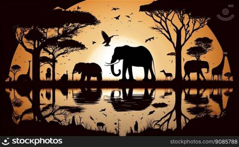 African landscape with the silhouette of animals at sunset. Ge≠rative AI