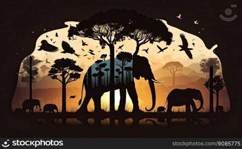 African landscape with the silhouette of animals at sunset. Generative AI
