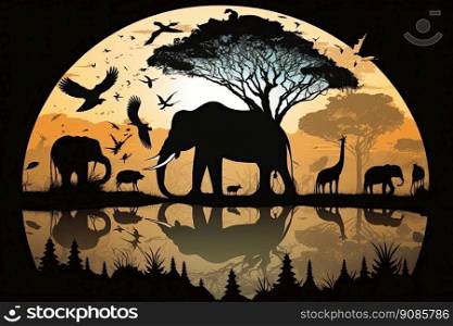 African landscape with the silhouette of animals at sunset. Generative AI