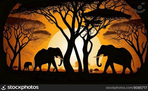 African landscape with the silhouette of two elephants at sunset. Generative AI