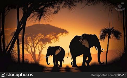 African landscape with the silhouette of two elephants at sunset. Generative AI