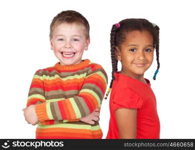 African little girl and caucasian blond kid isolated on a white background