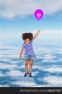 African little girl flying on the sky with a balloon
