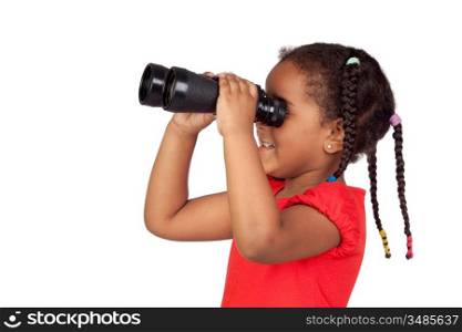 African little girl looking through binoculars isolated on a over white