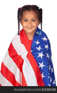 African little girl with a American flag isolated on a over white