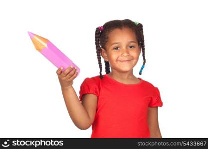 African little girl with a big pink pencil isolated on a over white