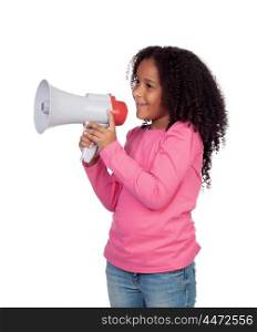 African little girl with a megaphone isolated on a white background