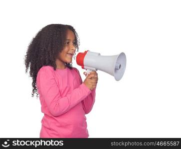 African little girl with a megaphone isolated on a white background