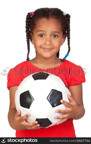 African little girl with a soccer ball isolated on a over white