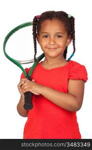 African little girl with a tennis racket isolated on a over white