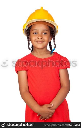 African little girl with a yellow helmet isolated on a over white