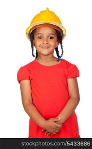 African little girl with a yellow helmet isolated on a over white