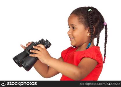 African little girl with binoculars isolated on a over white