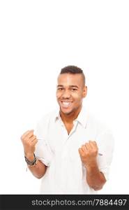 African man smiling and making fist gesture of happiness over white isolated background