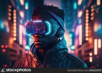 African man wearing virtual reality goggles standing in virtual world background . Concept of virtual reality technology , gaming simulation and metaverse. Peculiar AI generative image.. African man wearing virtual reality goggles standing in virtual world background