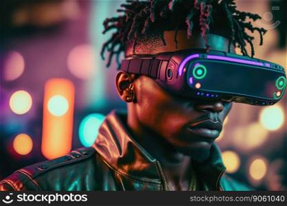 African man wearing virtual reality goggles standing in virtual world background . Concept of virtual reality technology , gaming simulation and metaverse. Peculiar AI generative image.. African man wearing virtual reality goggles standing in virtual world background