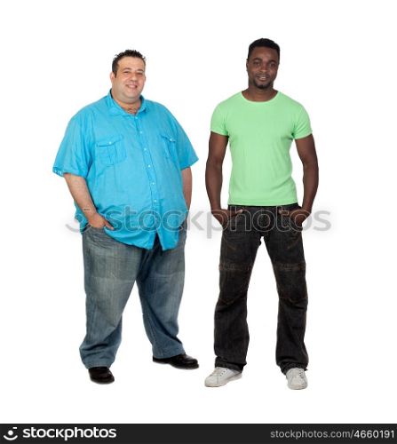 African man with perfect body together with a nice fat man isolated on white background