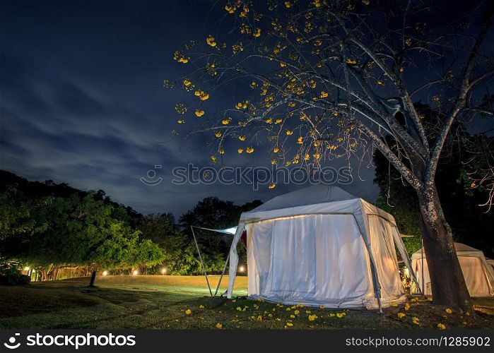 african safari camping tent and beautiful blue night sky