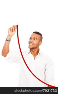 African smiling man is drawing a red line with pen over white isolated background