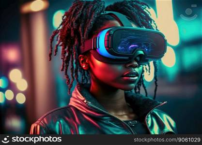 African woman wearing virtual reality gogg≤s standing in virtual world background . Concept of virtual reality technology , gaming siμlation and metaverse. Peculiar AI≥≠rative ima≥.. African woman wears virtual reality gogg≤s standing in virtual world background