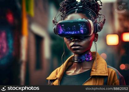 African woman wearing virtual reality goggles standing in virtual world background . Concept of virtual reality technology , gaming simulation and metaverse. Peculiar AI generative image.. African woman wears virtual reality goggles standing in virtual world background