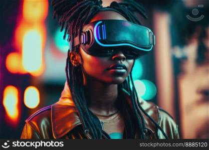 African woman wearing virtual reality goggles standing in virtual world background . Concept of virtual reality technology , gaming simulation and metaverse. Peculiar AI generative image.. African woman wears virtual reality goggles standing in virtual world background