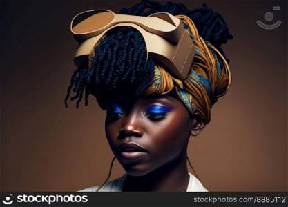 African woman wearing virtual reality goggles standing studio clean background . Concept of virtual reality technology , gaming simulation and metaverse. Peculiar AI generative image.. African woman wearing virtual reality goggles standing studio clean background