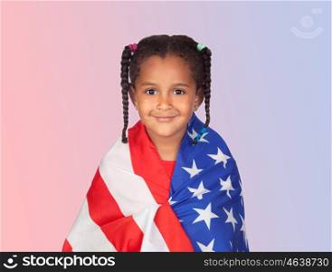 Afro-American girl with a American flag isolated on a blue and red background