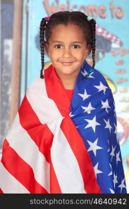 Afro-American girl with a American flag with a poster of background