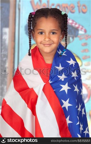 Afro-American girl with a American flag with a poster of background