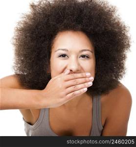 Afro-American young woman covering face with her hand, isolated on white laughing