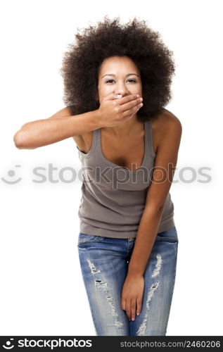 Afro-American young woman covering face with her hand, isolated on white laughing