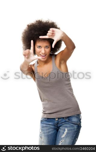 Afro-American young woman doing framing with her fingers in fornt of the face, isolated on white