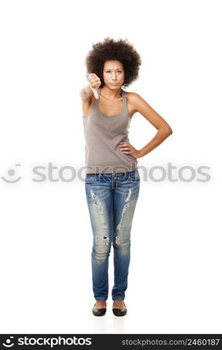 Afro-American young woman isolated on white doing a thumbs down signal with her hand