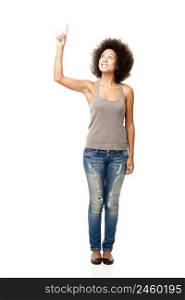 Afro-American young woman isolated on white looking up with a finger on the air