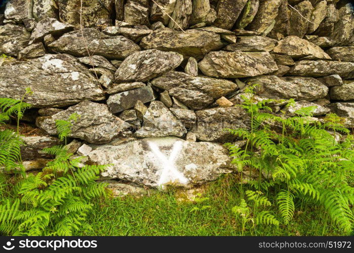 After a powder oil explosion 1869 wheel and harness found by this wall, X marks this Cwm y Glo, Llanberis, Wales, United Kingdom.