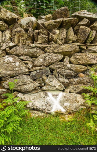 After a powder oil explosion 1869 wheel and harness found by this wall, X marks this Cwm y Glo, Llanberis, Wales, United Kingdom.