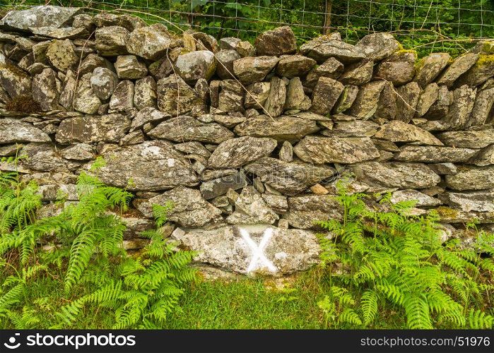After a powder oil explosion 1869 wheel and harness found by this wall, X marks this Cwm y Glo, Llanberis, Wales, United Kingdom.