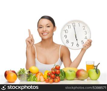 after six o&#39;clock diet - happy woman with fruits and vegetables