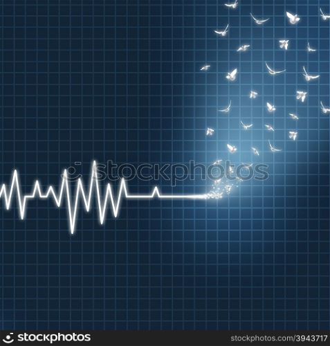 Afterlife concept as an ecg or ekg medical heart monitor lifeline showing a flatline transforming into white doves flying upward towards heaven as a spiritual faith metaphor for believing in life after death.