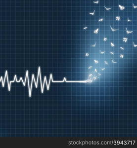 Afterlife concept as an ecg or ekg medical heart monitor lifeline showing a flatline transforming into white doves flying upward towards heaven as a spiritual faith metaphor for believing in life after death.