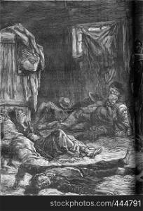 Aftermath of a brawl in a flophouse in London. From Travel Diaries, vintage engraving, 1884-85.
