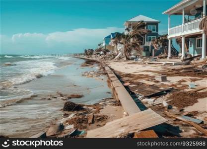 Aftermath of a hurricane, showing a coast covered in debris such as fallen trees, damaged buildings, and other items washed ashore by the storm surge. Generative AI. Hurricane devastation on the coast 