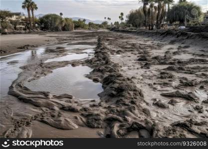Aftermath of a mudflow that has reached the city, causing extensive damage to homes, roads, and infrastructure. Debris and mud cover the streets. Generative AI.. Mudflow Devastates City Causing Widespread Damage. Generative AI