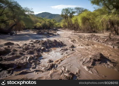 Aftermath of a mudflow that ravaged this serene nature area. Mudflows can occur in areas with steep terrain and after a heavy rainfall, and they can cause significant damage to infrastructure and natural habitats. Generative AI. Nature area devastated by mudflow