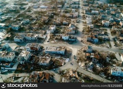 Aftermath of a natural disaster in this aerial view of a town ravaged by a hurricane. Homes and buildings destroyed, roads impassable, and communities left in disarray. Generative AI.. Hurricane devastation, aerial view of the town hit by a hurricane 